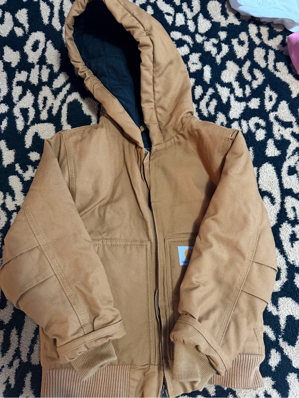 Carhartt Kids' Hooded Work Puffer Jacket in Brown with Black Lining. Size 4/5